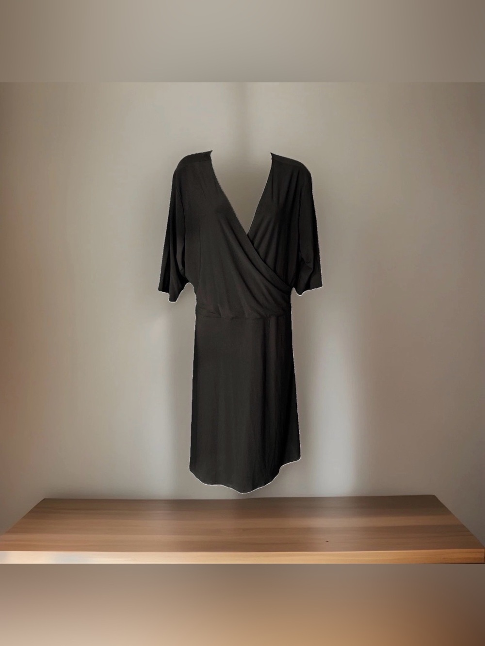 Star Vixen Women's 2X Black Mock Wrap Midi Dress Tie Sash Stretch V Neck 3/4 Slv
